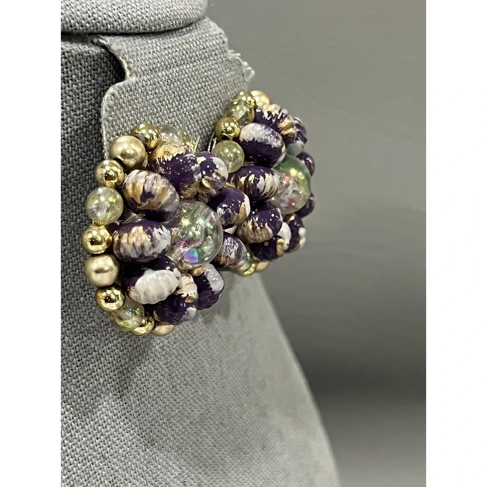 Vintage Purple Gold Beaded Cluster Clip-On Earrings Iridescent Acrylic Statement
